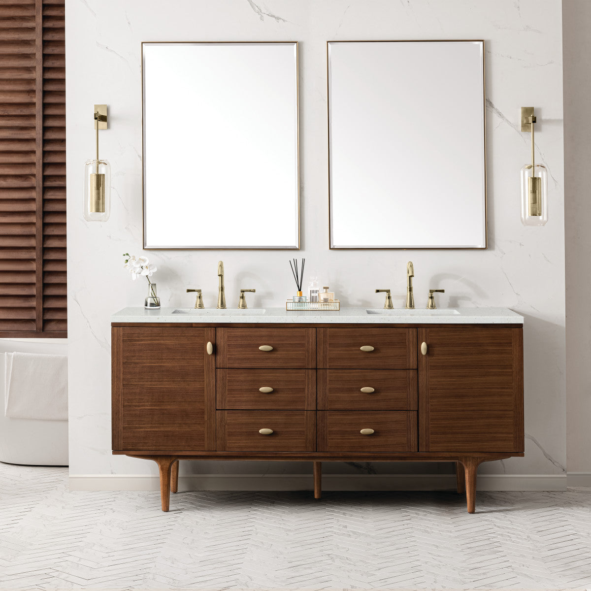 Amberly 72" Double Vanity Cabinet, Mid-Century Walnut