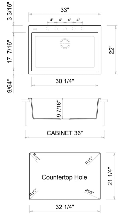 ALFI brand AB3322DI 33" Single Bowl Drop In Granite Composite Kitchen Sink