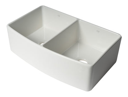 ALFI brand ABFC3320D ABFC3320D-W White Smooth Curved Apron 33" x 20" Double Bowl Fireclay Farm Sink with Grid