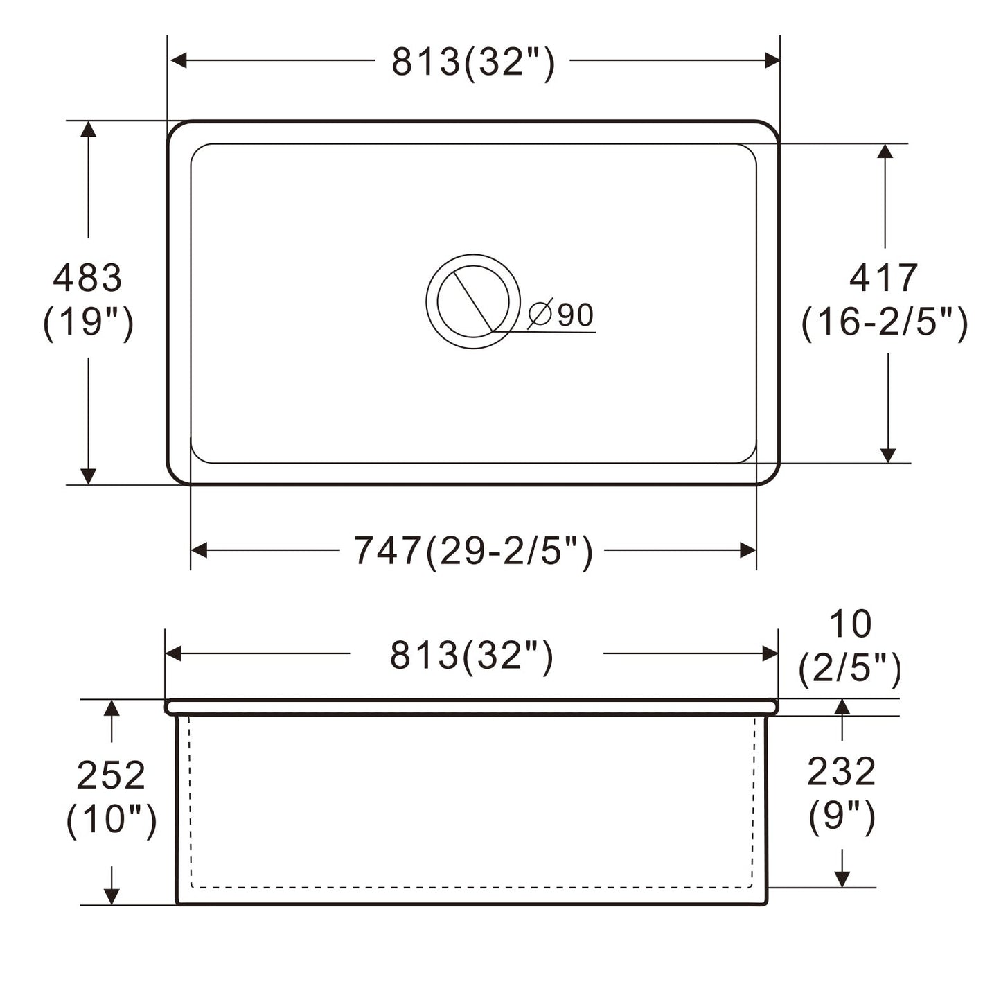 ALFI brand ABF3219SUD 32" x 19" Fireclay Single Bowl Undermount / Drop In Kitchen Sink w Grid