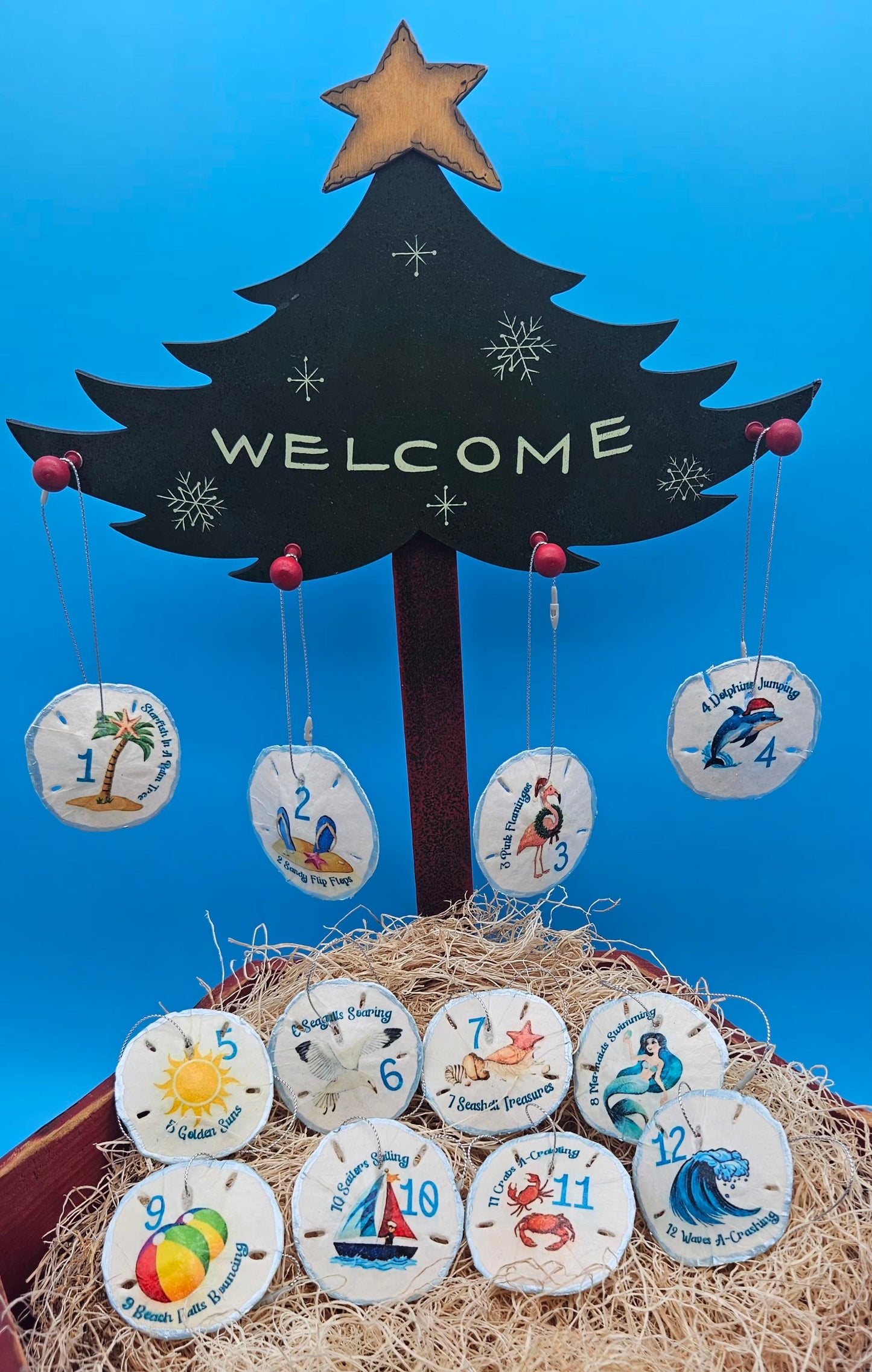 Christmas Ornament Set – Coastal & Traditional Sand Dollar “12 Days of Christmas” Handcrafted Holiday Decor