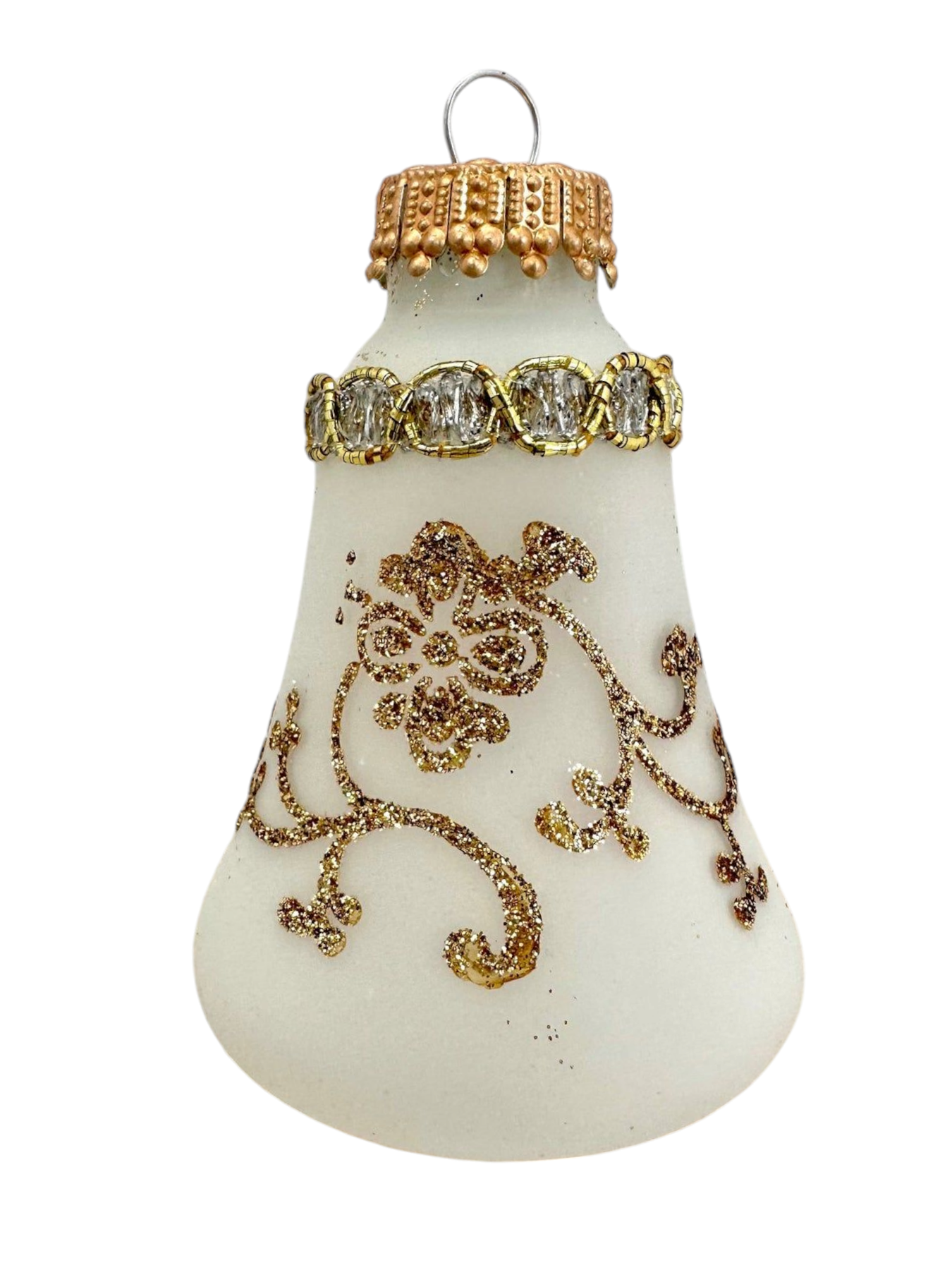 Clear and Frosted Gold Glitterlace and Braid Bell Ornaments - 4 Piece Set