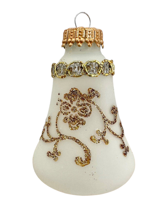 Clear and Frosted Gold Glitterlace and Braid Bell Ornaments - 4 Piece Set