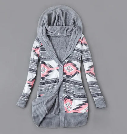 Thick Printed Hooded Knitted Cardigan Jacket