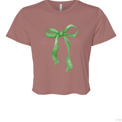 Customizable: Green Coquette Bow Flowy Cropped T-Shirt
