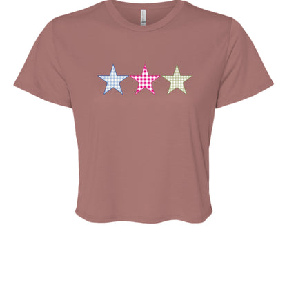 Customizable: Gingham Tri-Star Flowy Cropped Tee