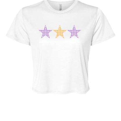 Customizable: Tri-Star Flowy Orange and Purple Gingham Cropped Tee