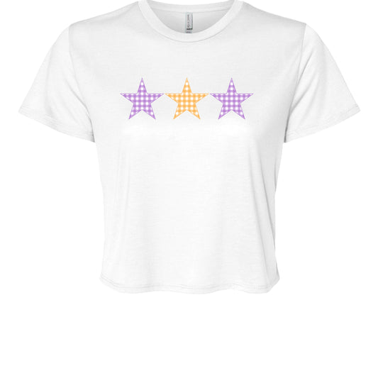 Customizable: Tri-Star Flowy Orange and Purple Gingham Cropped Tee
