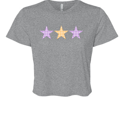 Customizable: Tri-Star Flowy Orange and Purple Gingham Cropped Tee