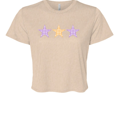 Customizable: Tri-Star Flowy Orange and Purple Gingham Cropped Tee