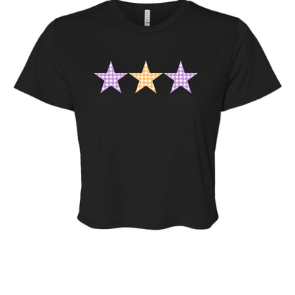 Customizable: Tri-Star Flowy Orange and Purple Gingham Cropped Tee