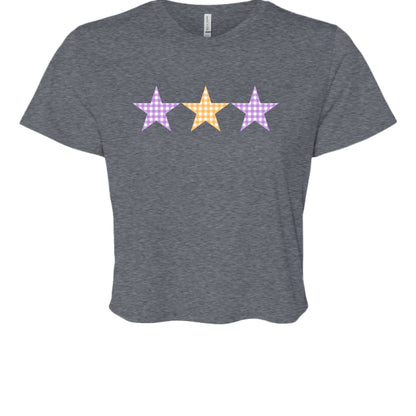 Customizable: Tri-Star Flowy Orange and Purple Gingham Cropped Tee