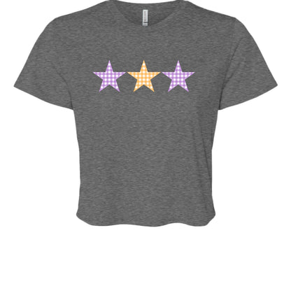 Customizable: Tri-Star Flowy Orange and Purple Gingham Cropped Tee