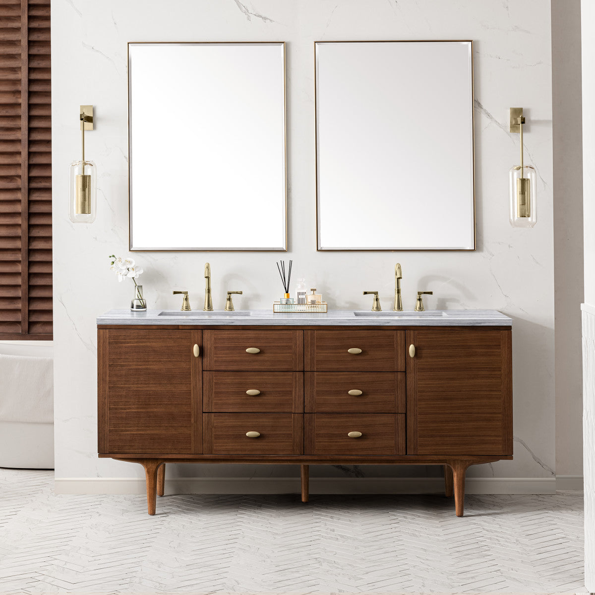Amberly 72" Double Vanity Cabinet, Mid-Century Walnut