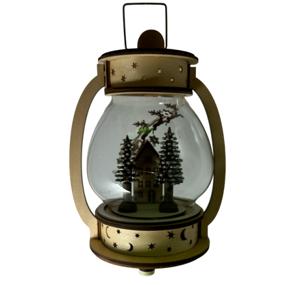 B/O Lighted Wind Up Musical Wood Glass Lantern - Santa Flying  Over House