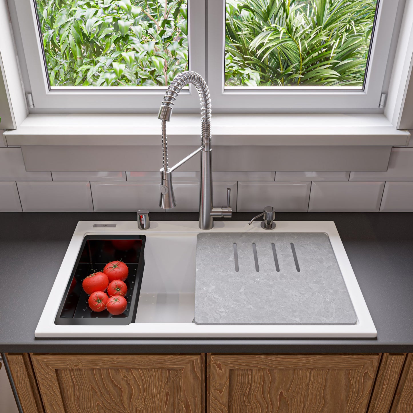 ALFI brand AB3418SBDI 33" Granite Composite Workstation Step Rim Single Bowl Drop In Sink with Accessories