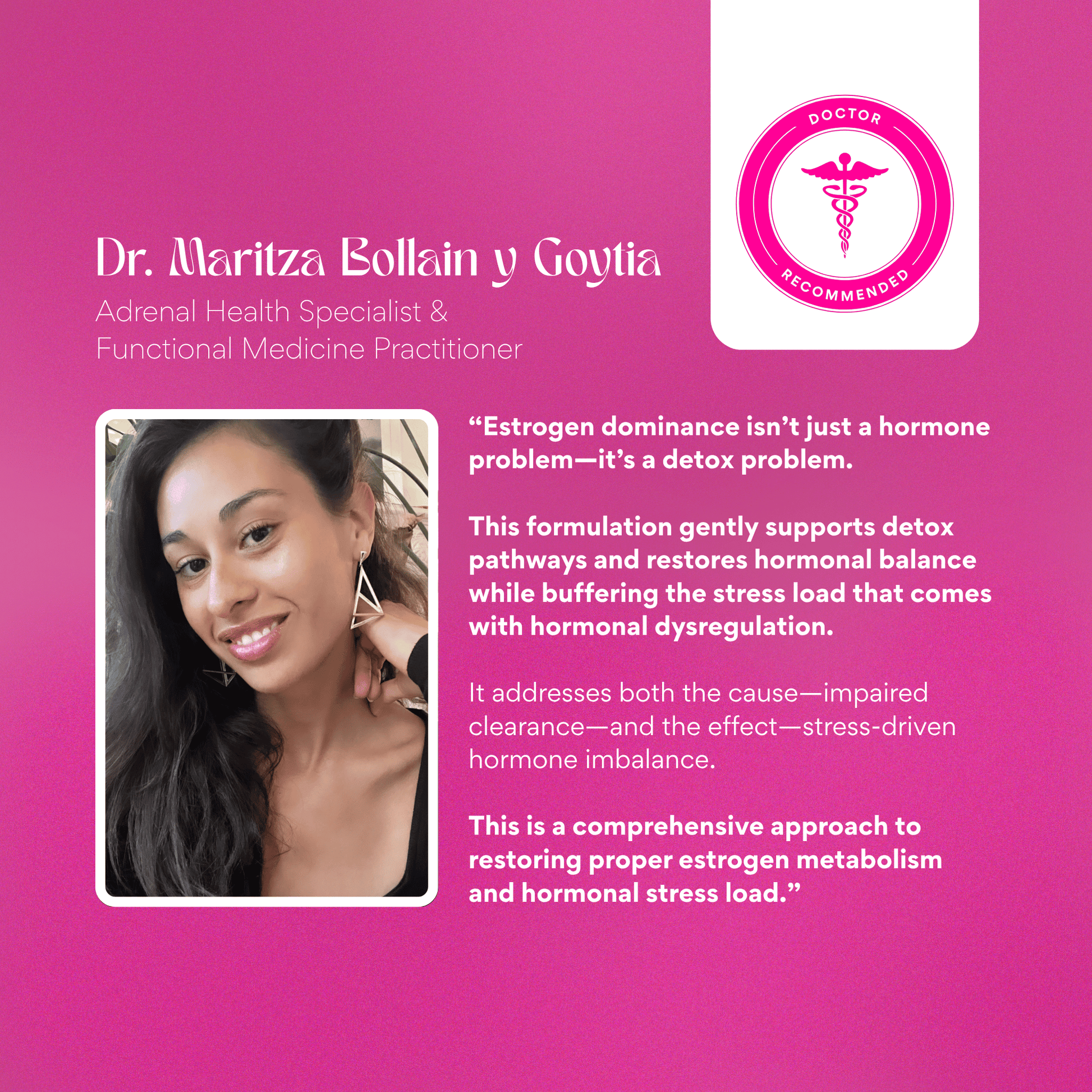 Advertisement featuring Dr. Maritza Bollain y Goytia with text on a pink background
