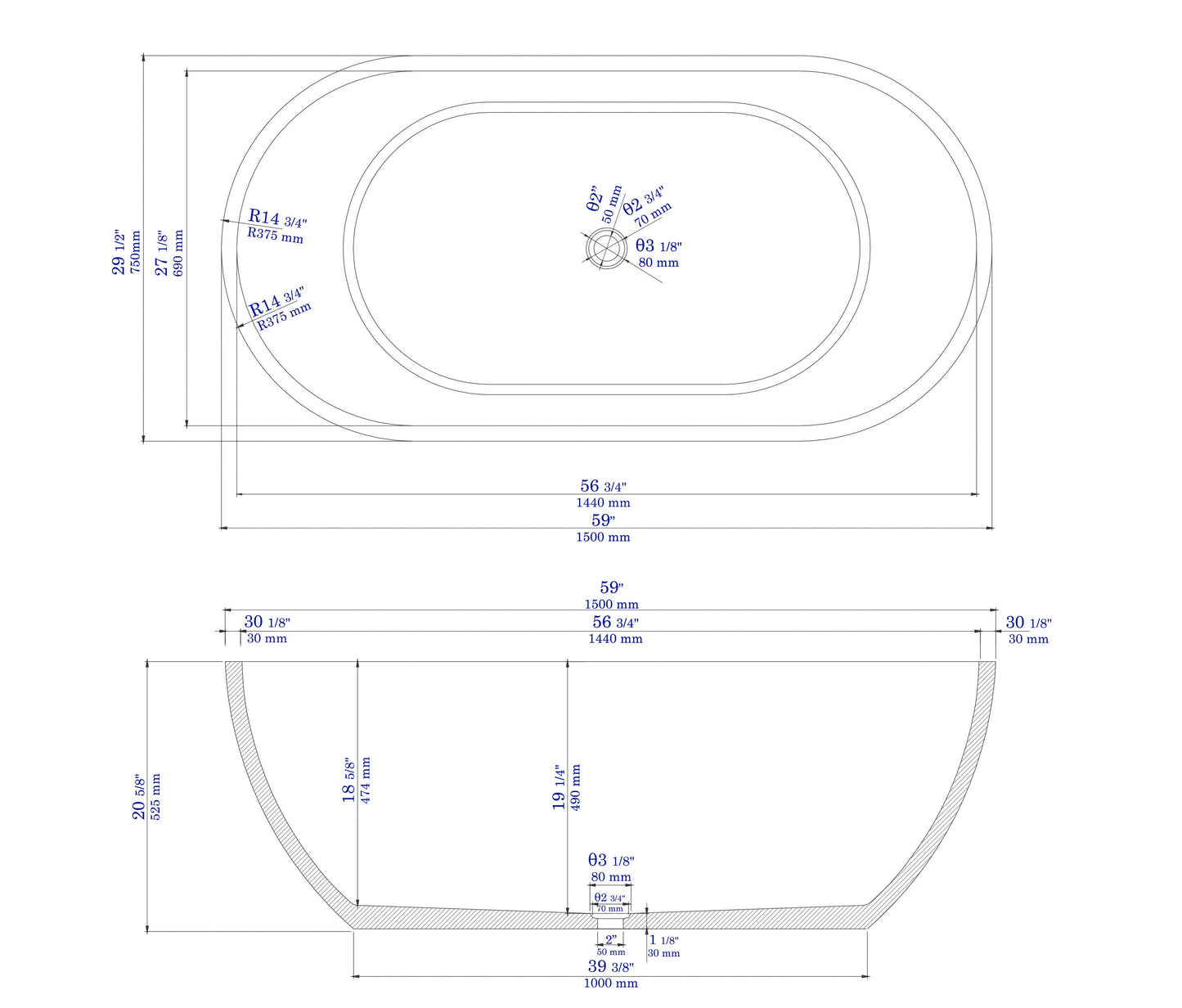 ALFI brand  ABCO59TUB 59" Solid Concrete Oval Freestanding Bathtub