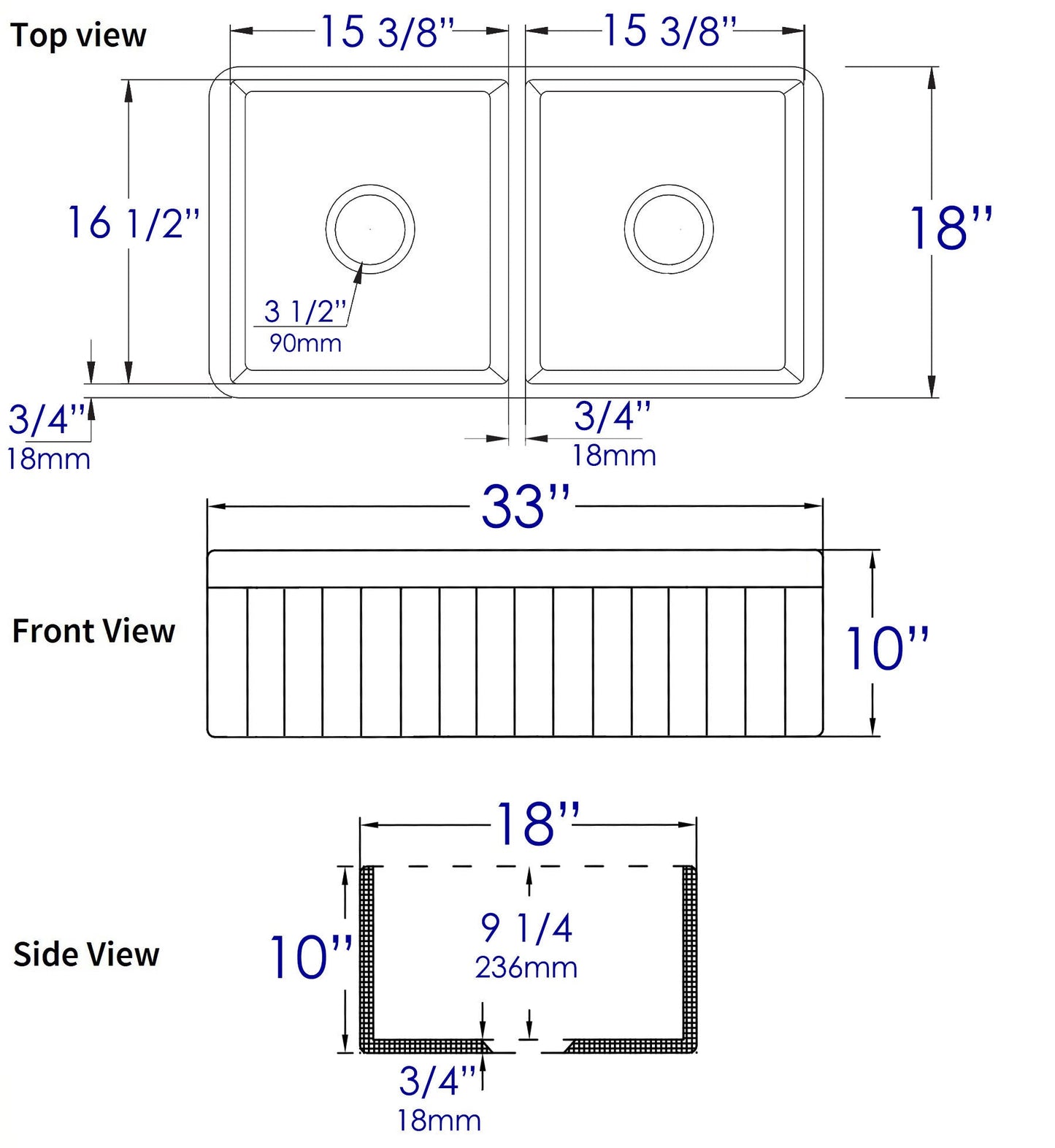 ALFI brand ABF3318D Smooth Apron 33" x 18" Double Bowl Fireclay Farm Sink