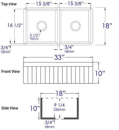 ALFI brand ABF3318D Smooth Apron 33" x 18" Double Bowl Fireclay Farm Sink