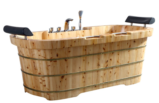 ALFI brand  AB1130 65" 2 Person Free Standing Cedar Wooden Bathtub with Fixtures & Headrests