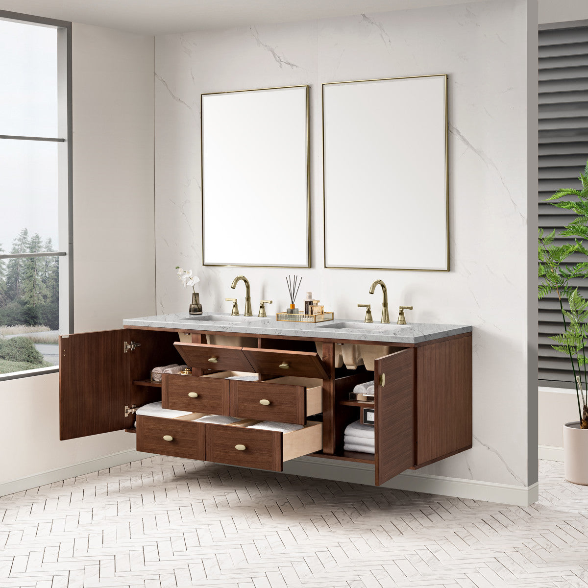 Amberly 72" Double Vanity Cabinet, Mid-Century Walnut