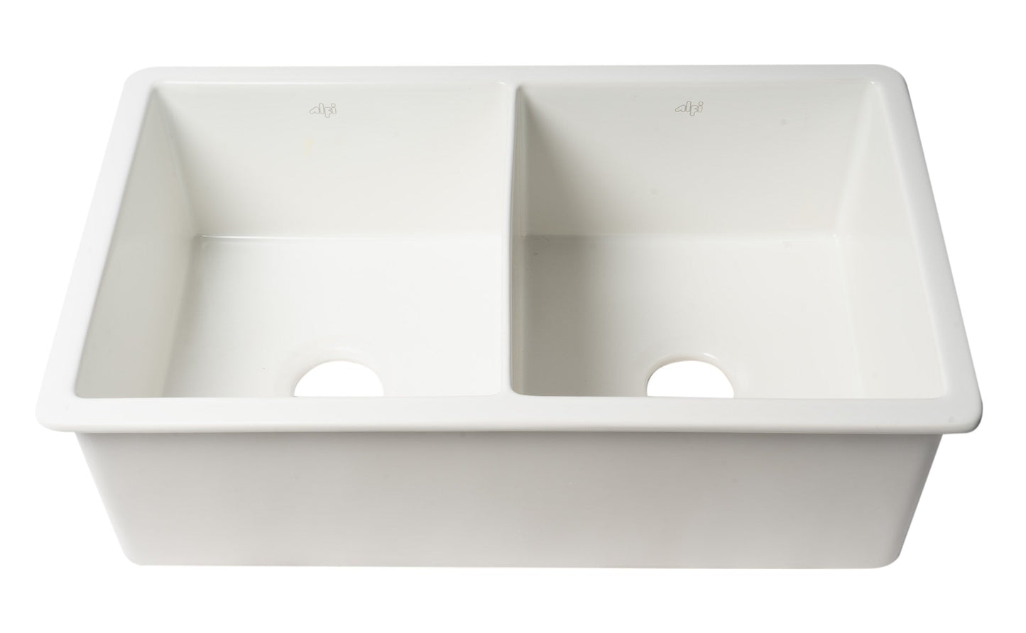 ALFI brand ABF3219DUD ABF3219DUD-W White 32" x 19" Double Bowl Fireclay Undermount / Drop In Kitchen Sink w Grid