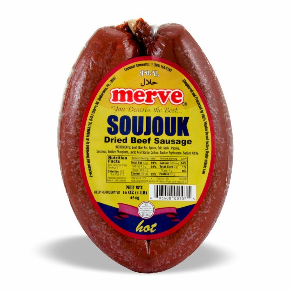 Merve Hot Beef Soujouk Sausage - Halal Certified, 1Lb Dried Sausage, Perfect for Cooking or Snacking