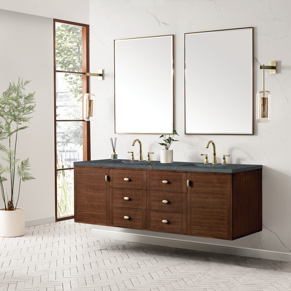 Amberly 72" Double Vanity Cabinet, Mid-Century Walnut