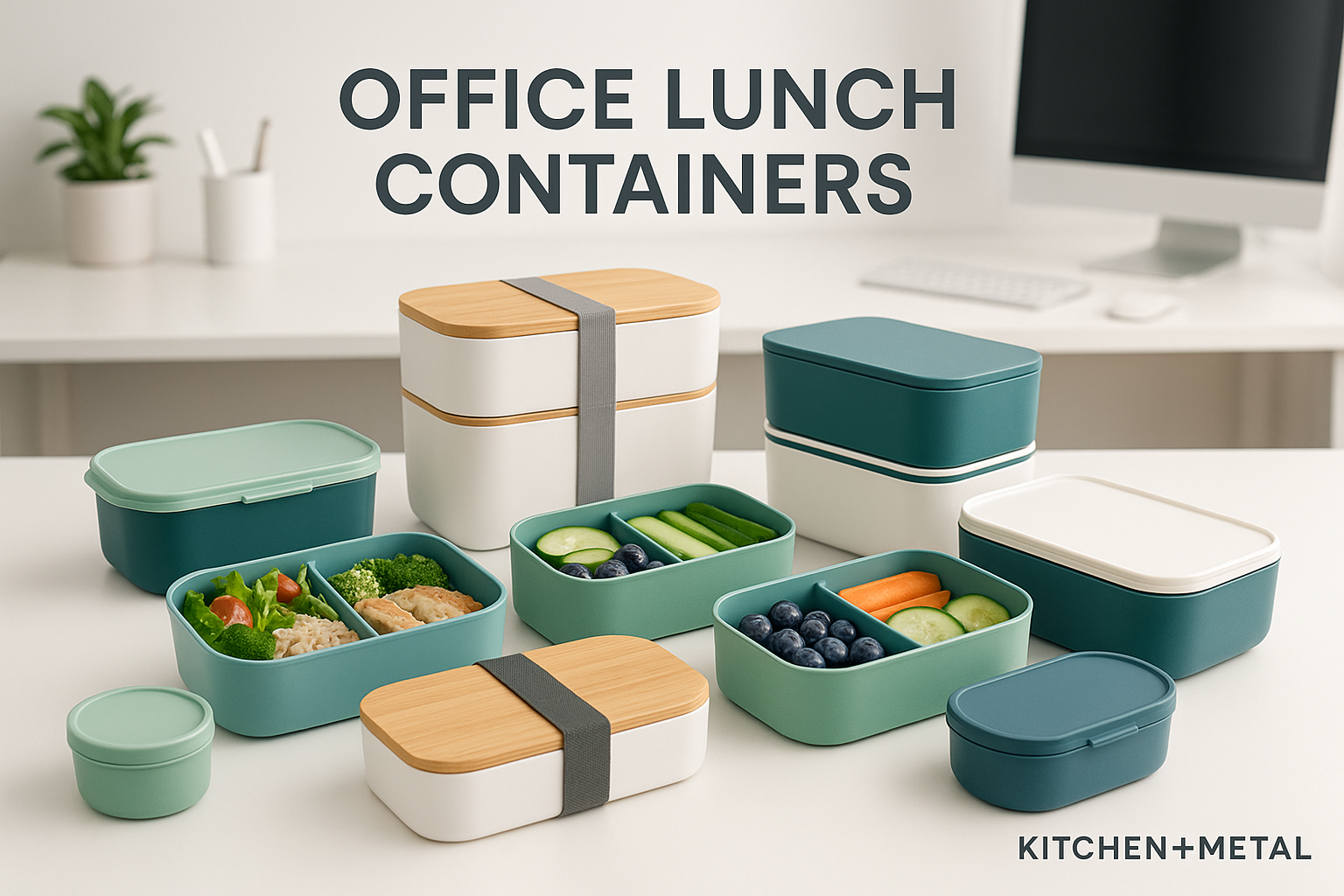 Office Lunch Containers collection featuring stylish lunch boxes, bento containers, and food storage solutions arranged in a clean office environment