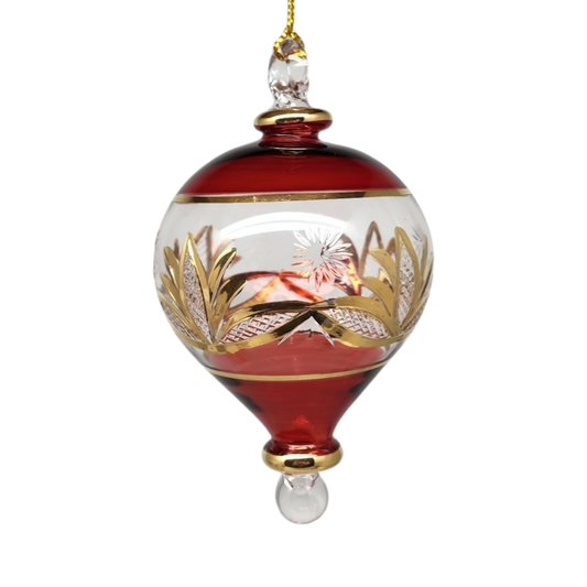 Etched Gold Teardrop Blown Glass Ornament - Red