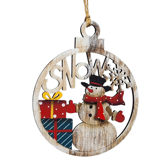 Wooden Ornament - Jolly Snowman with Presents