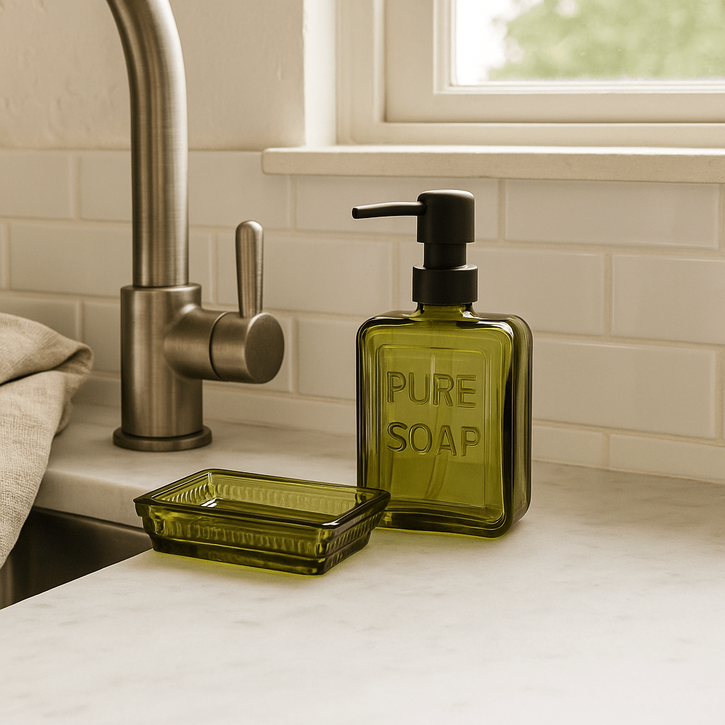 Olive Green Glass Soap Dispenser – “Pure Soap” Design