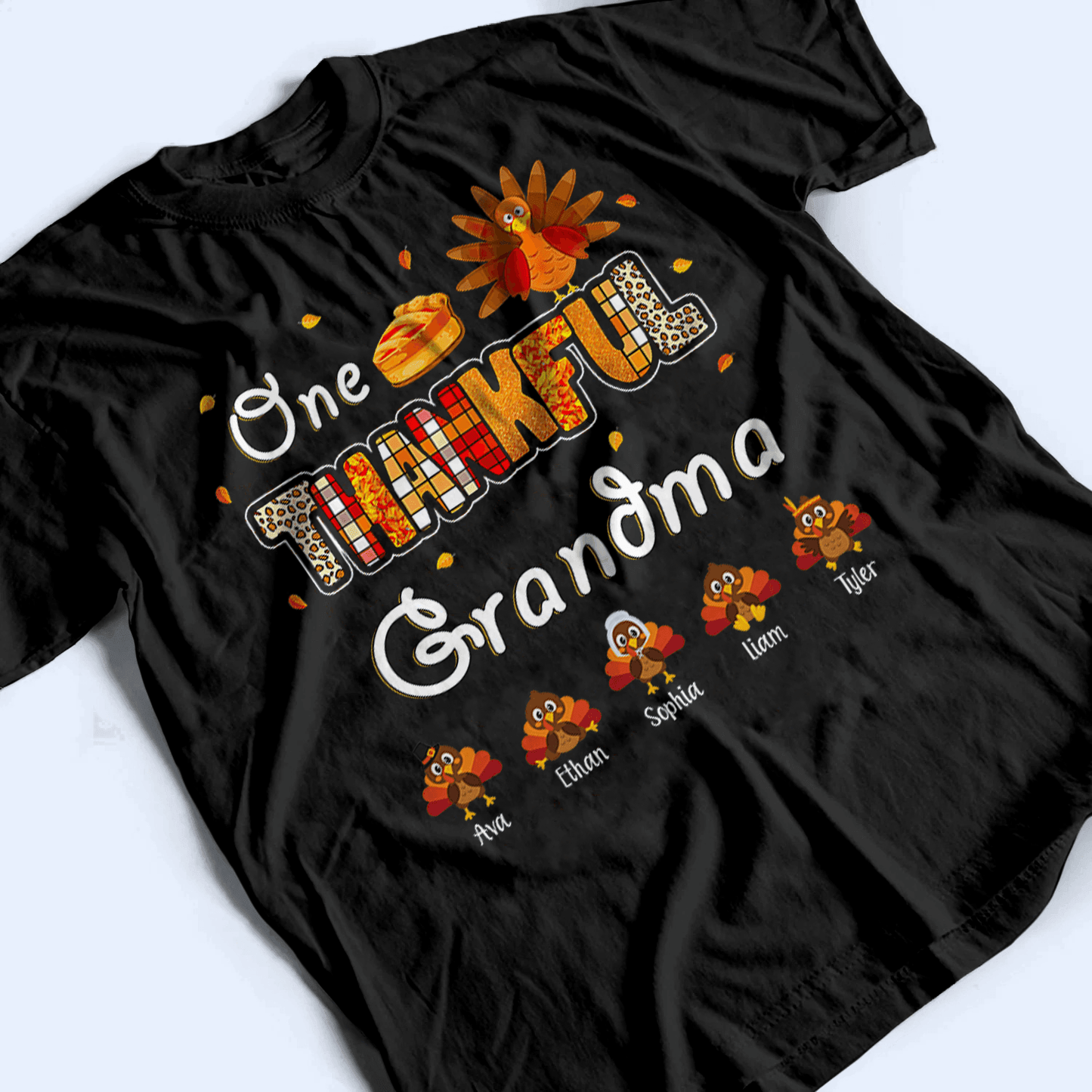 Up to 19 Kids - One Thankful Grandma Little Turkeys - Personalized Custom T Shirt - Thanksgiving, Birthday, Loving, Funny Gift for Grandma/Grandparent