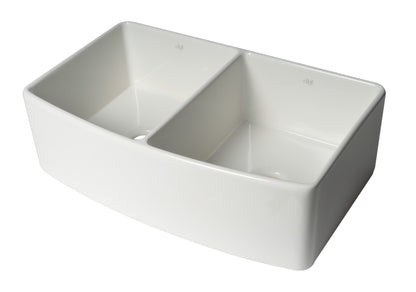 ALFI brand ABFC3320D ABFC3320D-W White Smooth Curved Apron 33" x 20" Double Bowl Fireclay Farm Sink with Grid