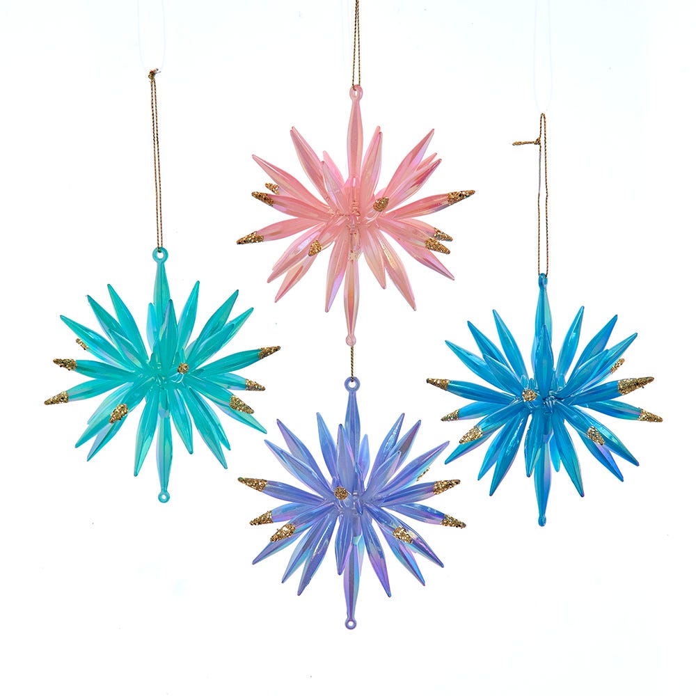 Set of four colorful star-shaped ornaments on a white background