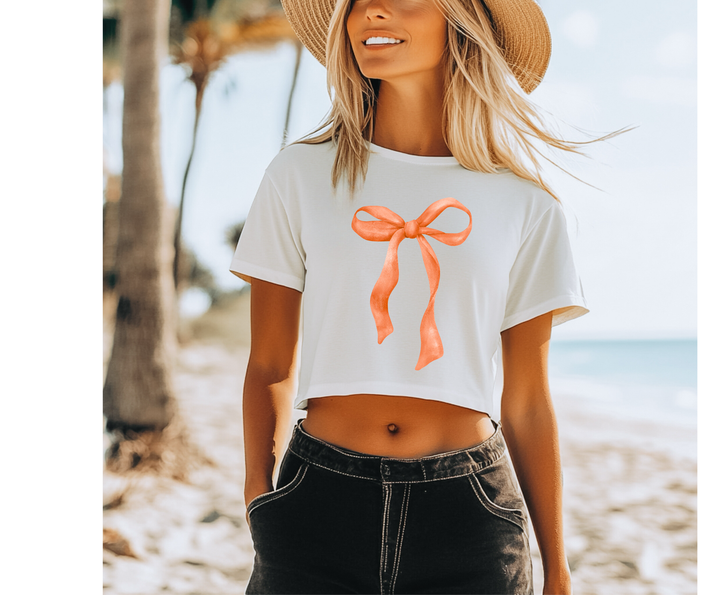 Customizable: Orange Coquette Bow Flowy Cropped T-Shirt