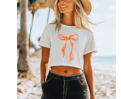 Customizable: Orange Coquette Bow Flowy Cropped T-Shirt