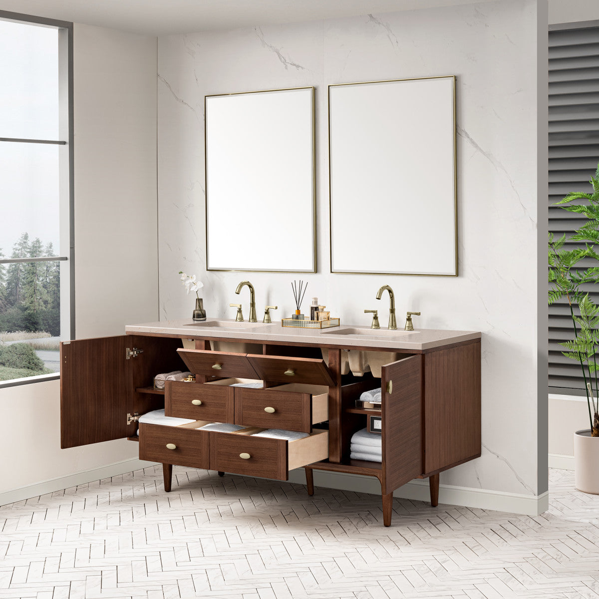 Amberly 72" Double Vanity Cabinet, Mid-Century Walnut