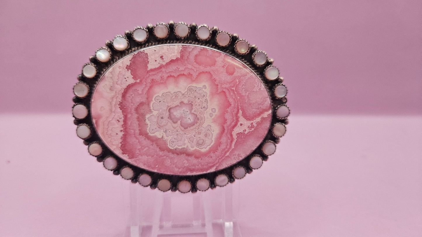 Oval Rhodochrosite & Sterling Silver Brooch Pendant – Vintage Statement Piece (2.5"x2")