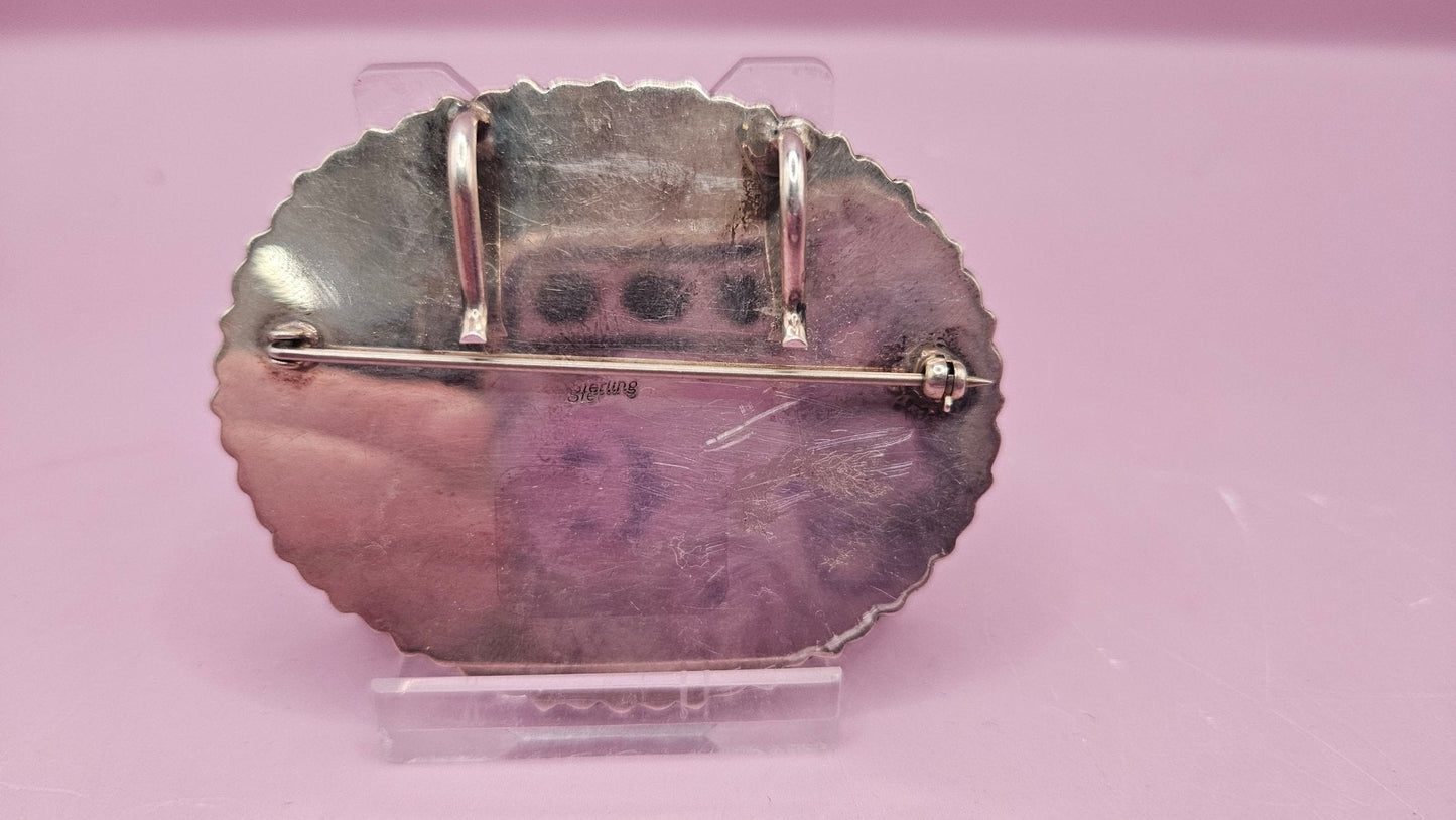 Oval Rhodochrosite & Sterling Silver Brooch Pendant – Vintage Statement Piece (2.5"x2")