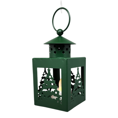 B/O Lighted Metal Holiday Lantern with LED Tealight - Green