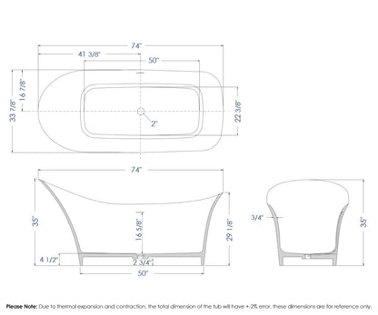 ALFI brand  AB9915 74" White Solid Surface Smooth Resin Soaking Slipper Bathtub