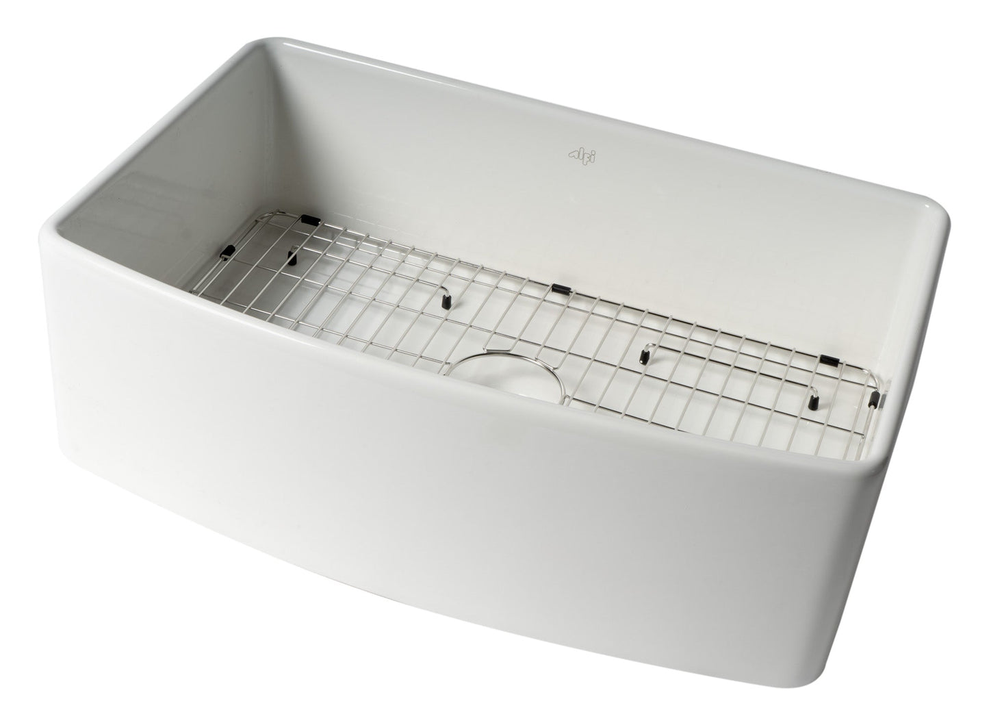 ALFI brand ABFC3020 ABFC3020-W White Smooth Curved Apron 30" x 20" Single Bowl Fireclay Farm Sink with Grid