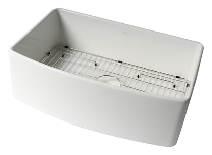 ALFI brand ABFC3020 ABFC3020-W White Smooth Curved Apron 30" x 20" Single Bowl Fireclay Farm Sink with Grid