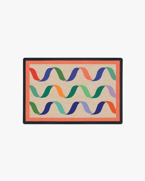 Rectangular mat with colorful wavy pattern on a beige background