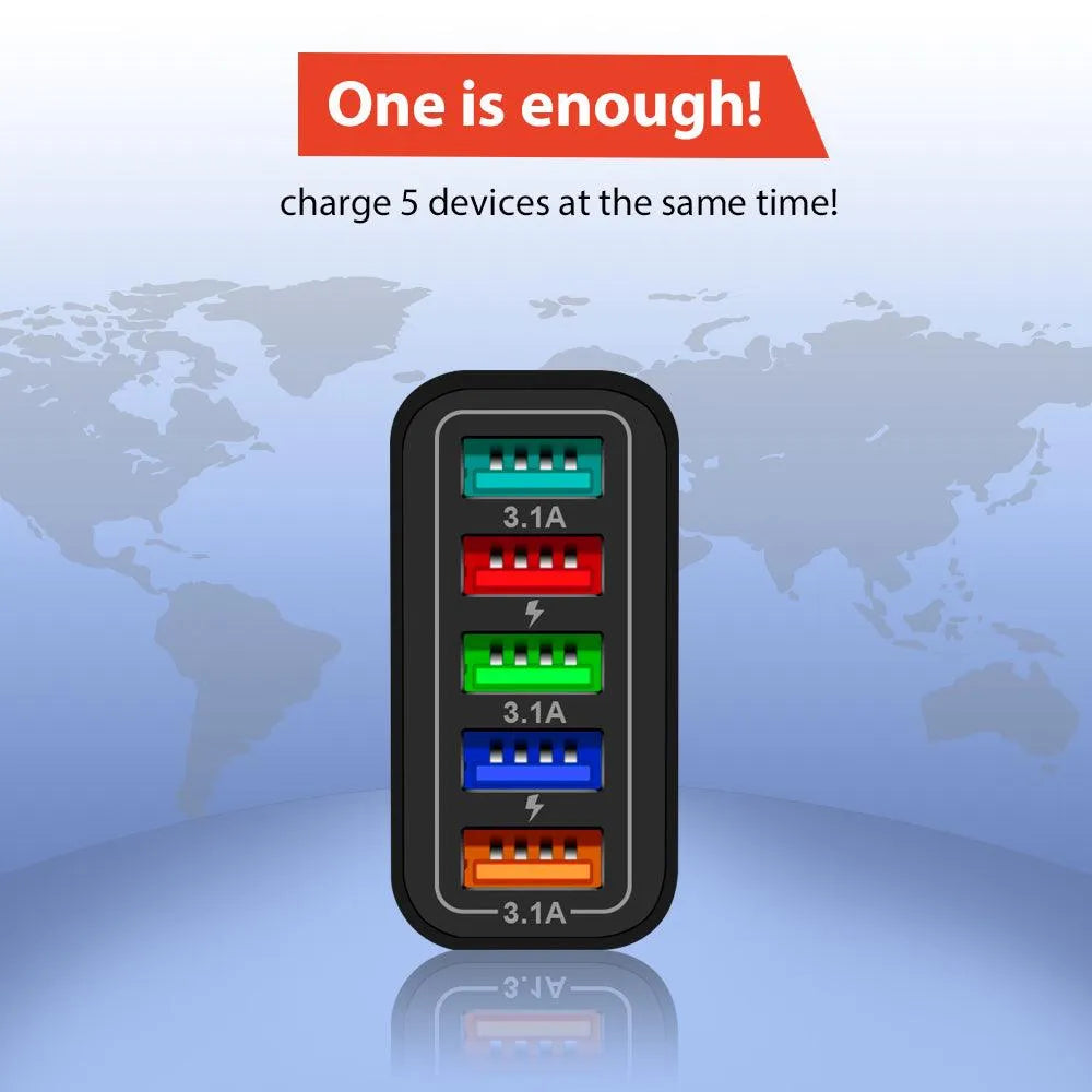 PBG Black 5-Port LED Wall Charger & QC 3-in-1 Nylon Braided Fast Charging Cable