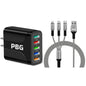 PBG Black 5-Port LED Wall Charger & QC 3-in-1 Nylon Braided Fast Charging Cable
