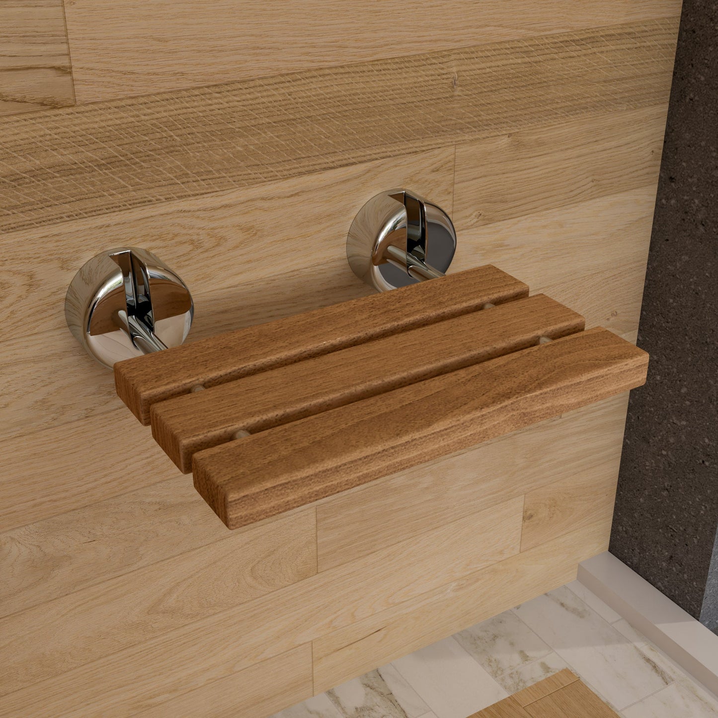 ALFI brand ABS16R 16" Wide Foldable Teak Shower Seat with Round Hardware