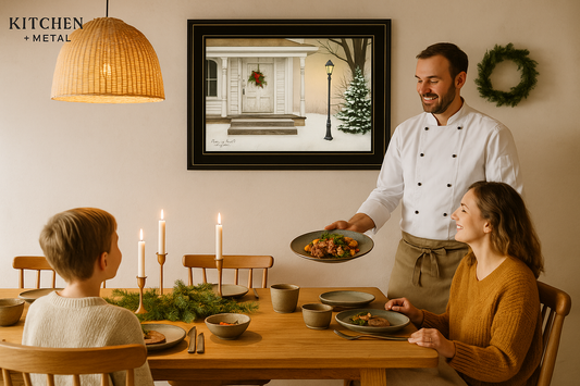 Peace on Earth Winter Art with Chef Presenting Meal in Kitchen + Metal Dining Room